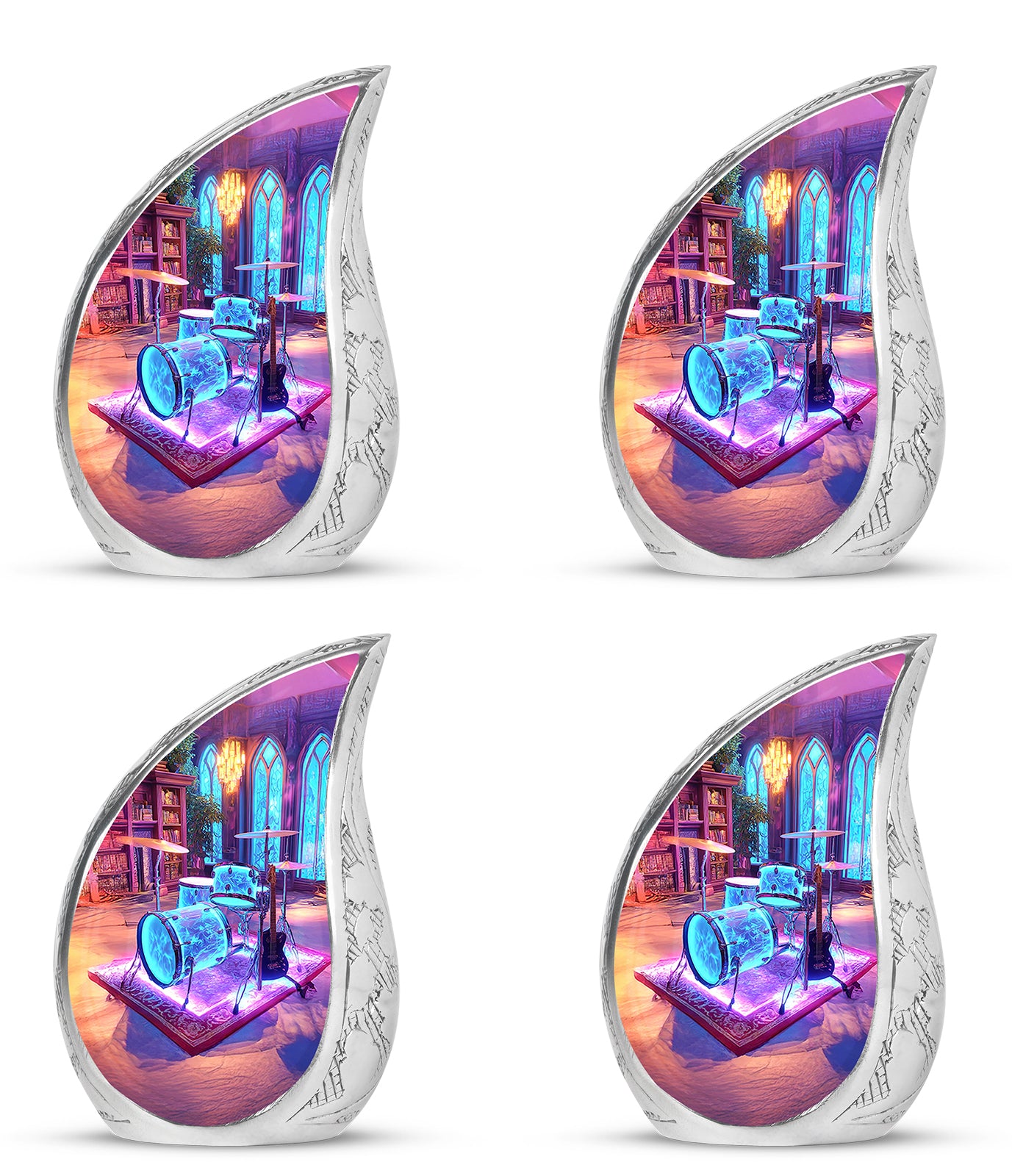 Royal Purple Drums Cremation Urn close-up of engraving and surface detail - smooth teardrop contour featuring drums art - 10 inch aluminum urn for cremated remains