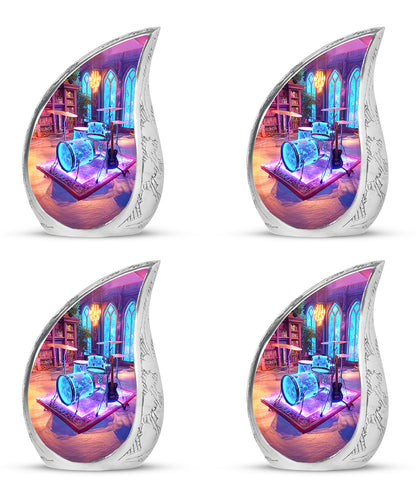 Royal Purple Drums Cremation Urn close-up of engraving and surface detail - smooth teardrop contour featuring drums art - 10 inch aluminum urn for cremated remains