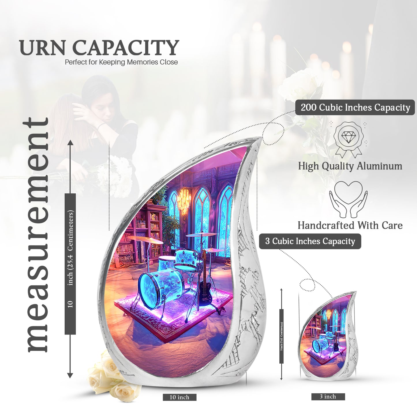 Deep Purple Drums Cremation Urn angled view of lid and engraved motif - flowing teardrop drums silhouette on curved aluminum - mini keepsake memorial for portion of cremation ashes