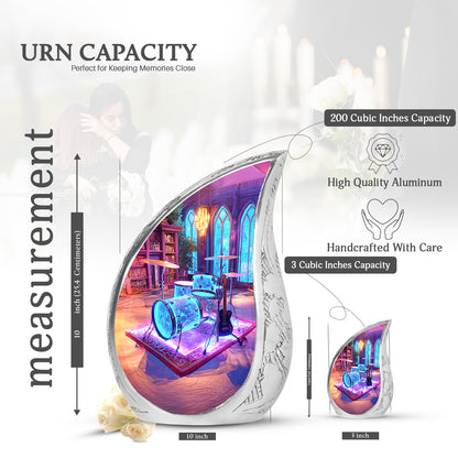 Deep Purple Drums Cremation Urn angled view of lid and engraved motif - flowing teardrop drums silhouette on curved aluminum - mini keepsake memorial for portion of cremation ashes