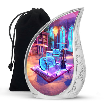 Twilight Purple Drums Cremation Urn front view showing detailed design - graceful tear-shaped urn with drums motif - full-size 10 inch 200 cubic inch adult cremation urn