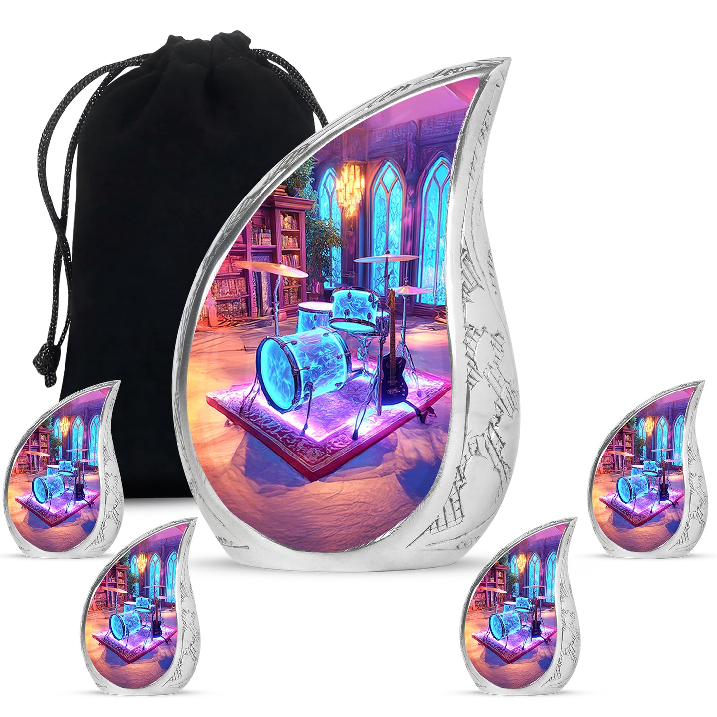 Royal Purple Drums Cremation Urn side profile showing urn shape - graceful tear-shaped urn with drums motif - memorial set with one large and four small urns