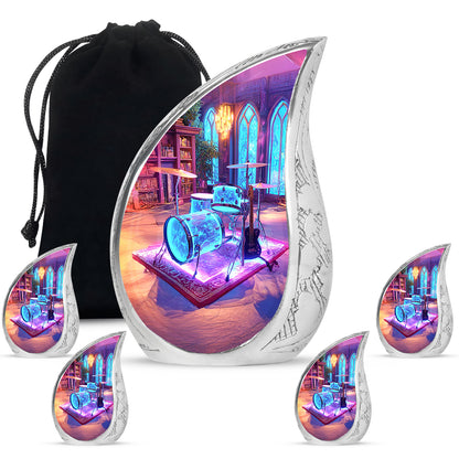 Royal Purple Drums Cremation Urn side profile showing urn shape - graceful tear-shaped urn with drums motif - memorial set with one large and four small urns