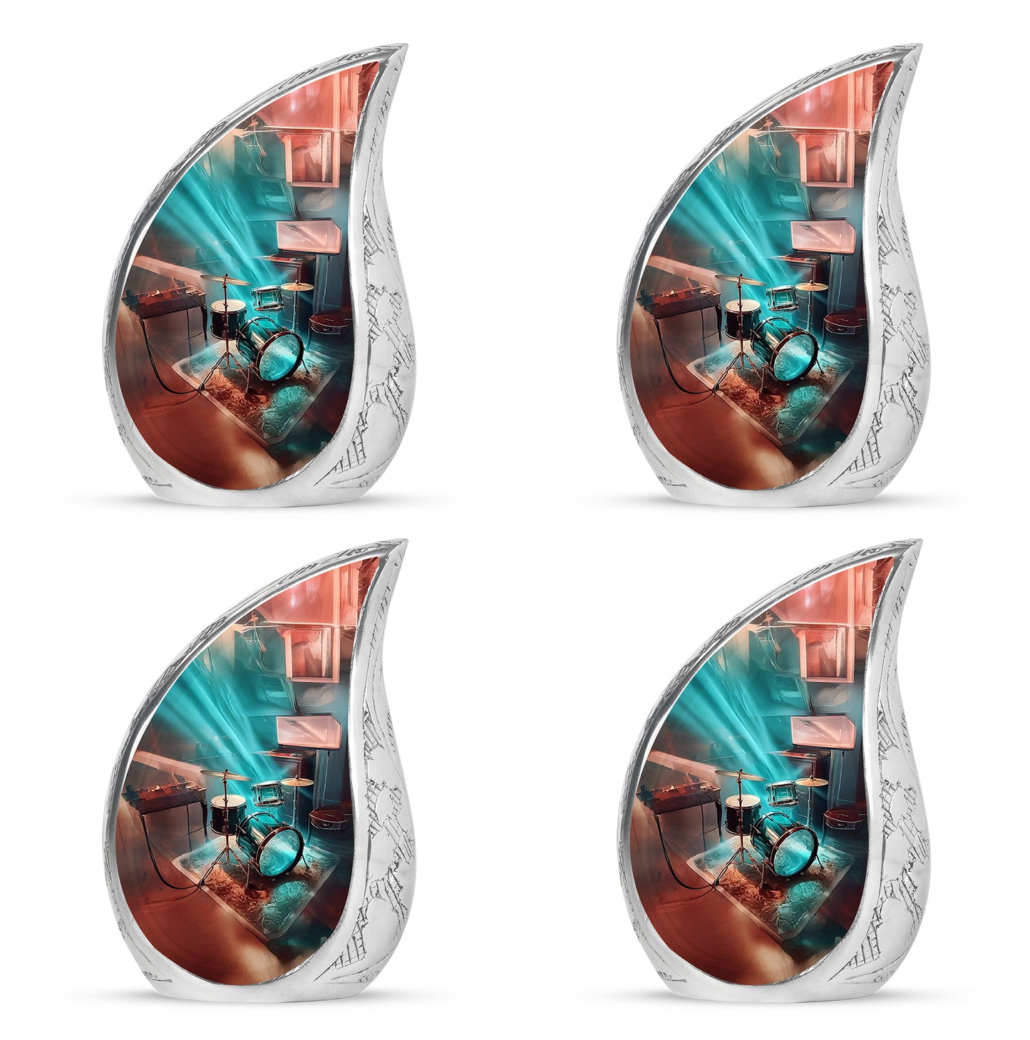 Mystic Teal Drums Cremation Urn close-up of engraving and surface detail - smooth teardrop contour featuring drums art - 10 inch aluminum urn for cremated remains