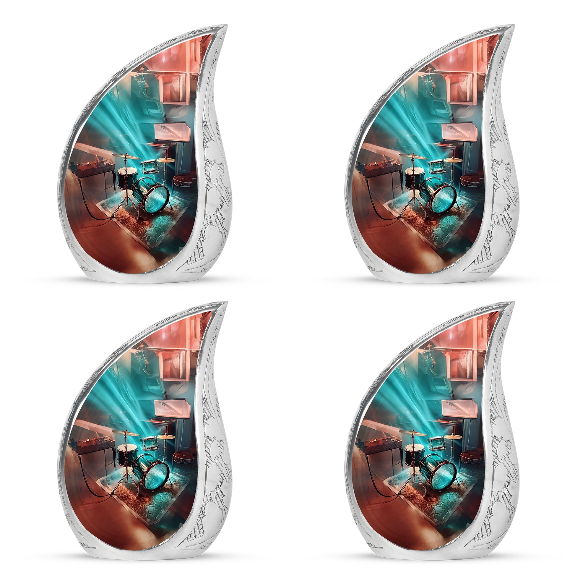 Mystic Teal Drums Cremation Urn close-up of engraving and surface detail - smooth teardrop contour featuring drums art - 10 inch aluminum urn for cremated remains