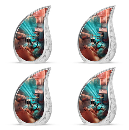 Mystic Teal Drums Cremation Urn close-up of engraving and surface detail - smooth teardrop contour featuring drums art - 10 inch aluminum urn for cremated remains