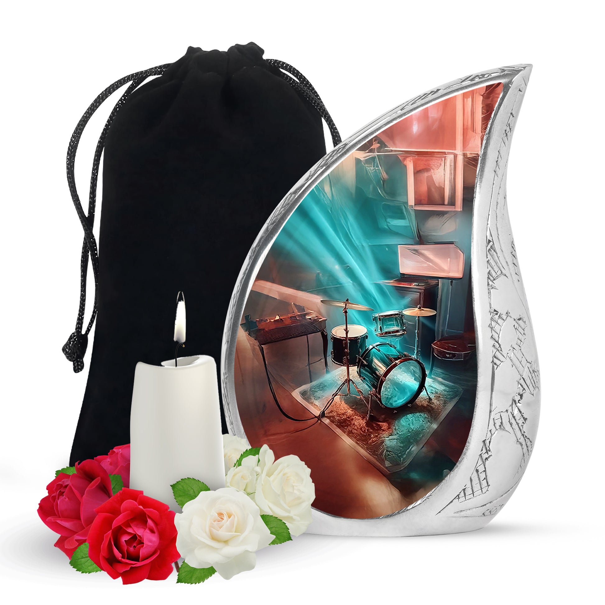 Soft Teal Drums Cremation Urn front view showing detailed design - flowing teardrop drums silhouette on curved aluminum - full-size 10 inch 200 cubic inch adult cremation urn
