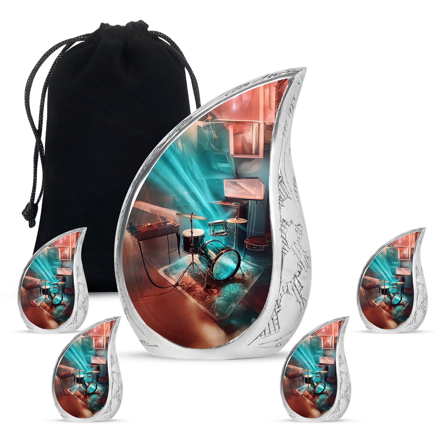 Deep Teal Drums Cremation Urn side profile showing urn shape - graceful tear-shaped urn with drums motif - memorial set with one large and four small urns