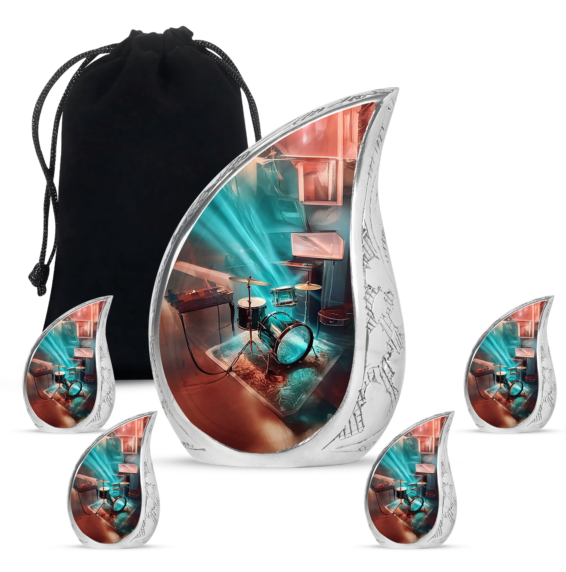 Deep Teal Drums Cremation Urn side profile showing urn shape - graceful tear-shaped urn with drums motif - memorial set with one large and four small urns