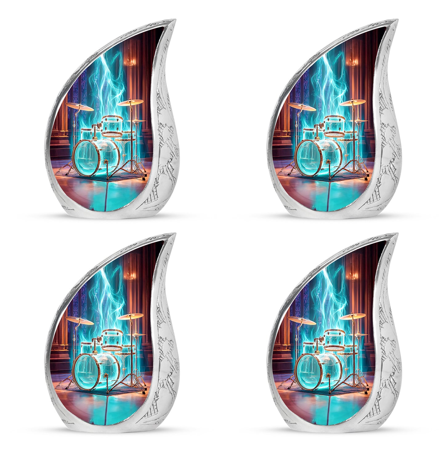 Wine Red Drums Cremation Urn close-up of engraving and surface detail - rounded teardrop drums design with delicate detail - 10 inch aluminum urn for cremated remains