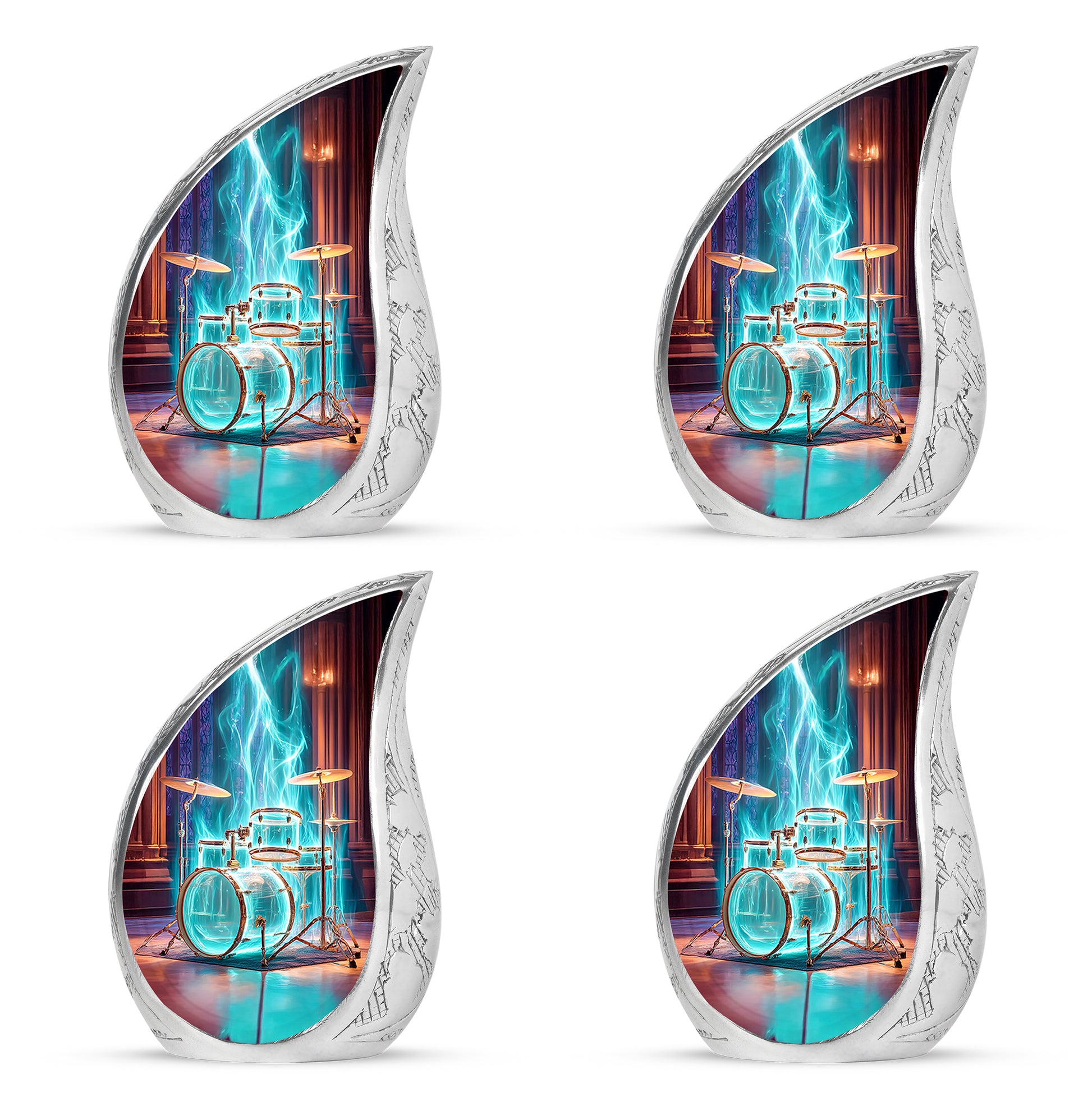 Wine Red Drums Cremation Urn close-up of engraving and surface detail - rounded teardrop drums design with delicate detail - 10 inch aluminum urn for cremated remains
