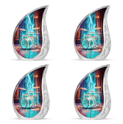 Wine Red Drums Cremation Urn close-up of engraving and surface detail - rounded teardrop drums design with delicate detail - 10 inch aluminum urn for cremated remains