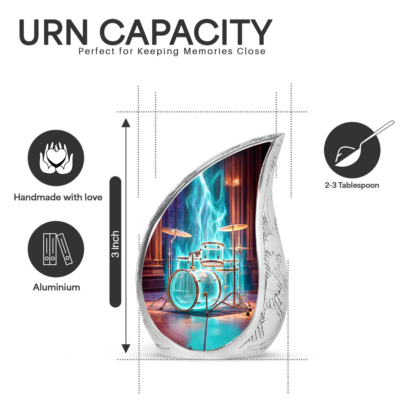 Deep Red Drums Cremation Urn angled view of lid and engraved motif - flowing teardrop drums silhouette on curved aluminum - mini keepsake memorial for portion of cremation ashes