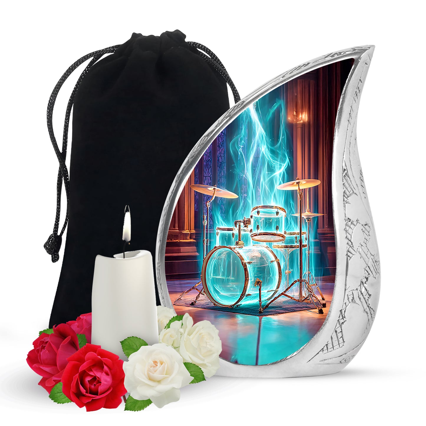 Rich Red Drums Cremation Urn front view showing detailed design - graceful tear-shaped urn with drums motif - full-size 10 inch 200 cubic inch adult cremation urn