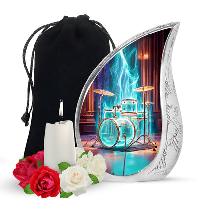 Rich Red Drums Cremation Urn front view showing detailed design - graceful tear-shaped urn with drums motif - full-size 10 inch 200 cubic inch adult cremation urn
