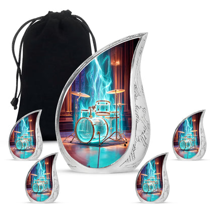 Deep Red Drums Cremation Urn side profile showing urn shape - rounded teardrop drums design with delicate detail - memorial set with one large and four small urns