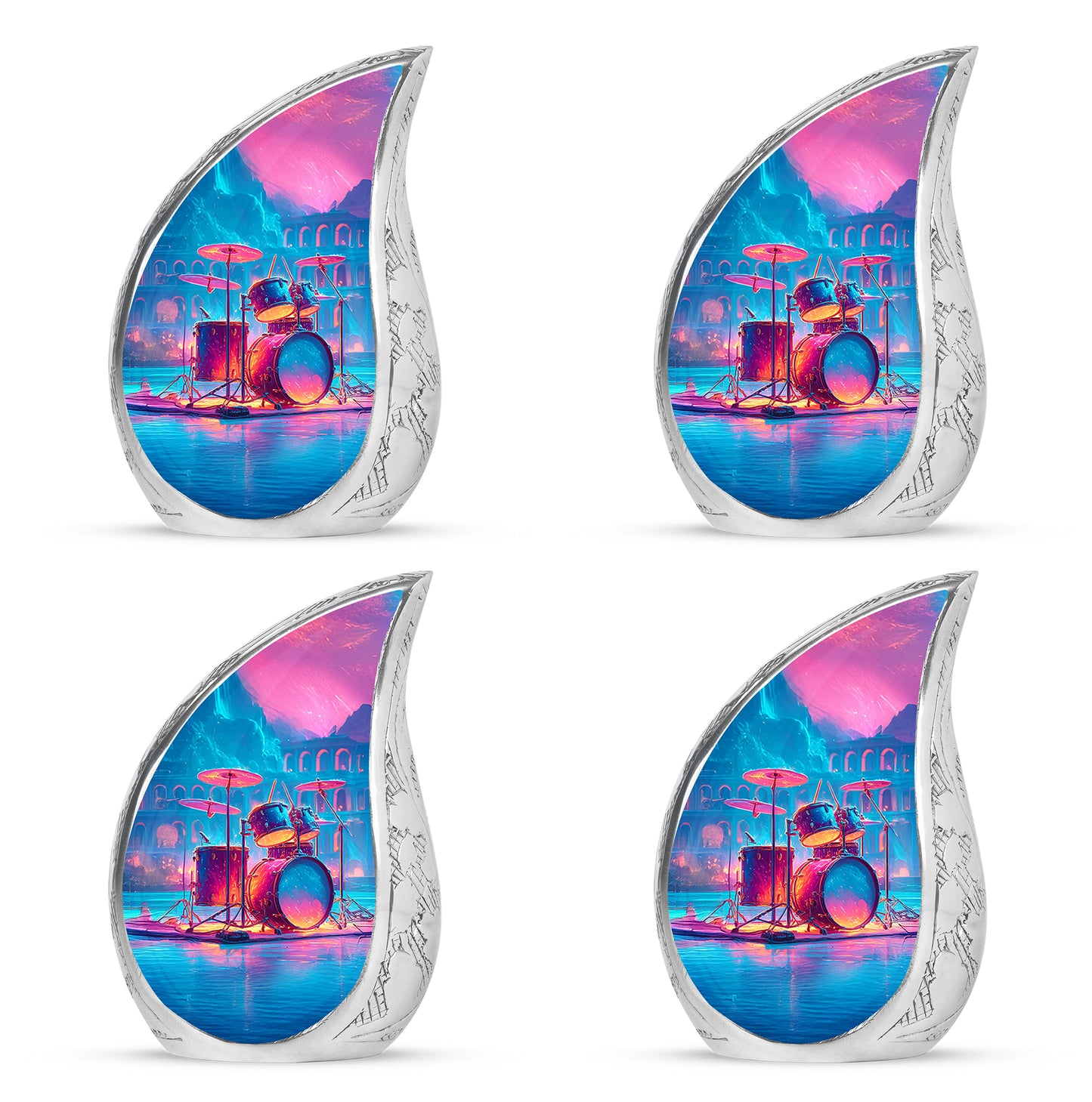 Royal Purple Drums Cremation Urn close-up of engraving and surface detail - smooth teardrop contour featuring drums art - 10 inch aluminum urn for cremated remains