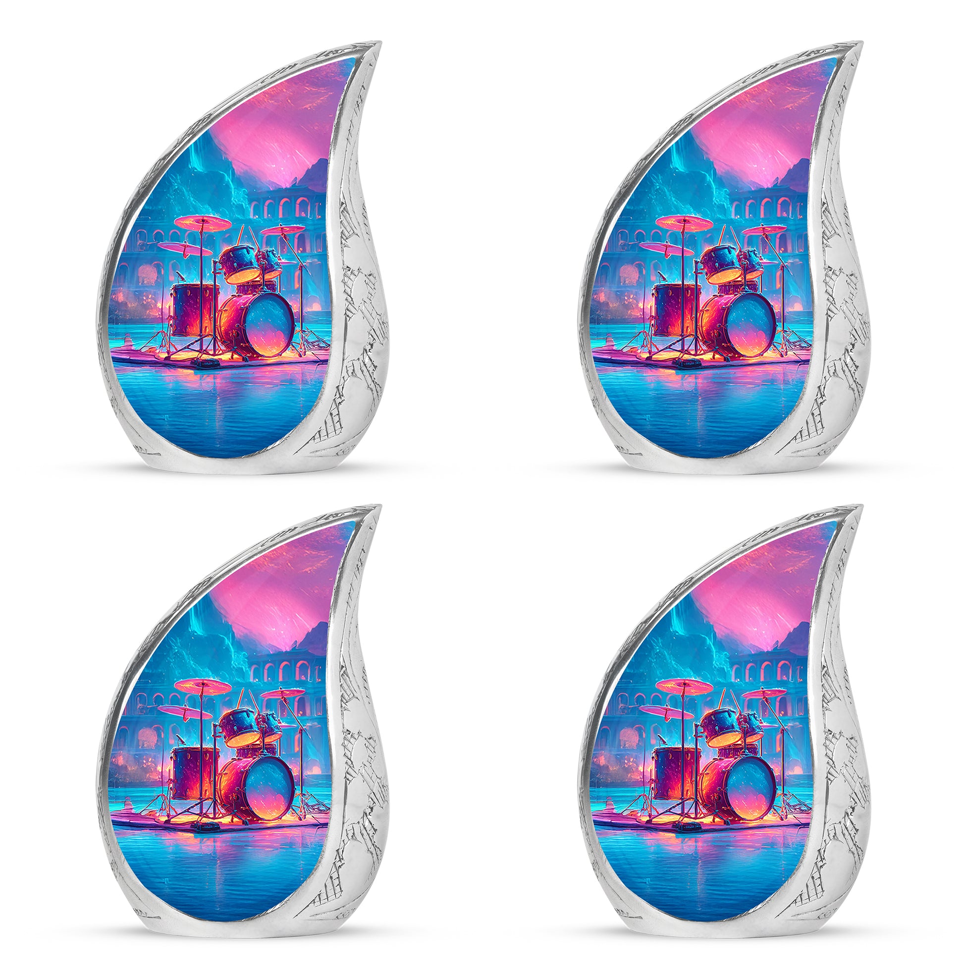 Royal Purple Drums Cremation Urn close-up of engraving and surface detail - smooth teardrop contour featuring drums art - 10 inch aluminum urn for cremated remains