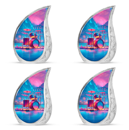 Royal Purple Drums Cremation Urn close-up of engraving and surface detail - smooth teardrop contour featuring drums art - 10 inch aluminum urn for cremated remains