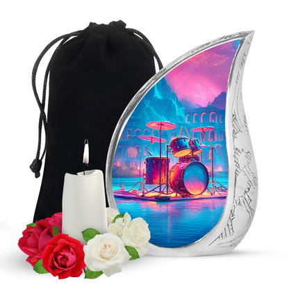 Amethyst Purple Drums Cremation Urn front view showing detailed design - rounded teardrop drums design with delicate detail - full-size 10 inch 200 cubic inch adult cremation urn