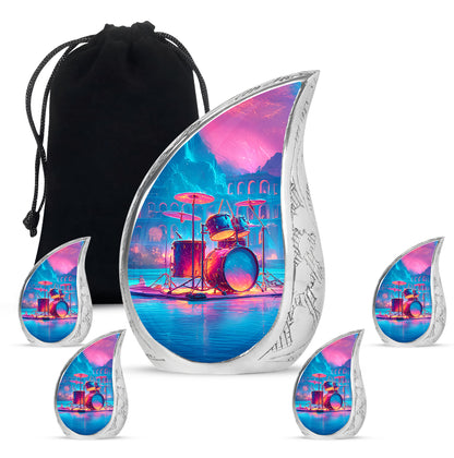 Amethyst Purple Drums Cremation Urn side profile showing urn shape - flowing teardrop drums silhouette on curved aluminum - memorial set with one large and four small urns