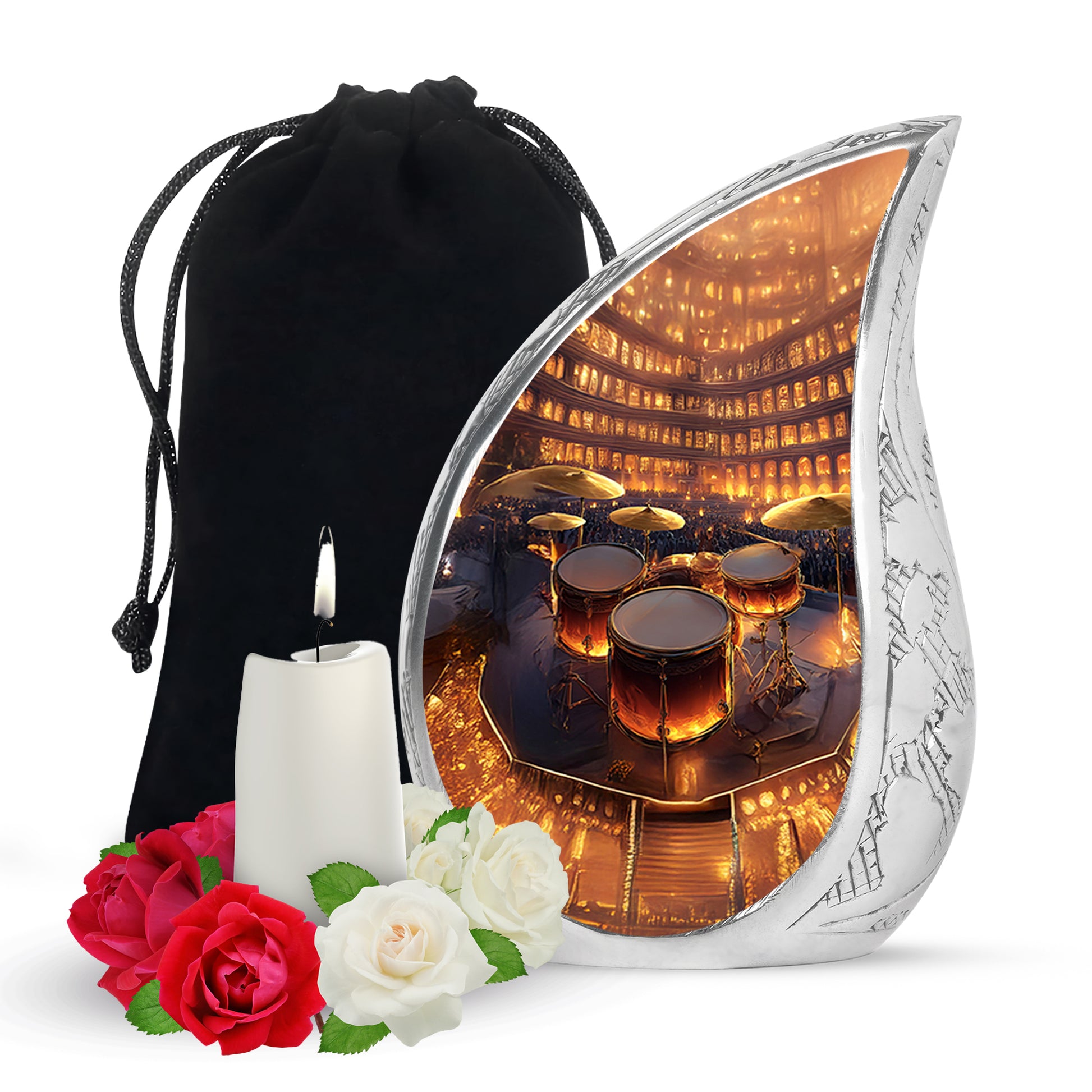 Matte Gold Drums Cremation Urn front view showing detailed design - graceful tear-shaped urn with drums motif - full-size 10 inch 200 cubic inch adult cremation urn