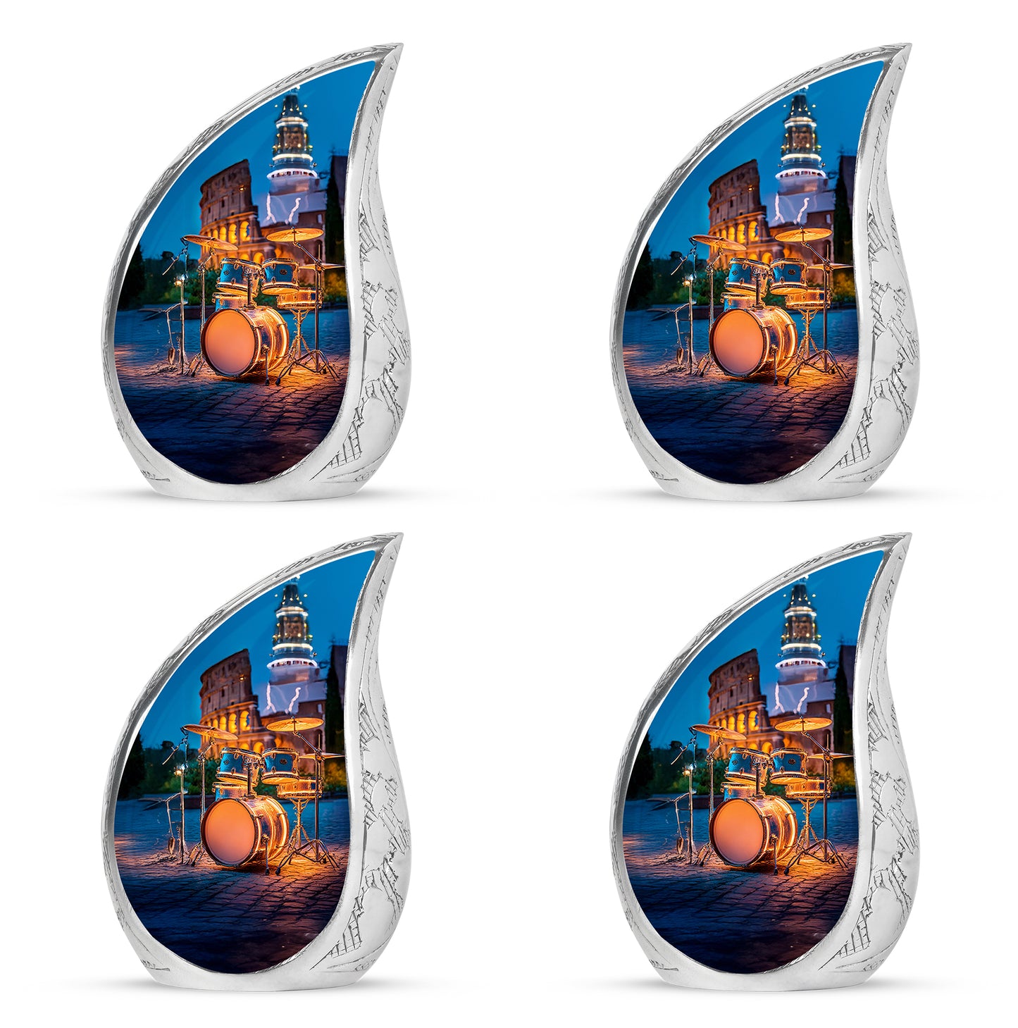 Misty Blue Drums Cremation Urn close-up of engraving and surface detail - flowing teardrop drums silhouette on curved aluminum - 10 inch aluminum urn for cremated remains