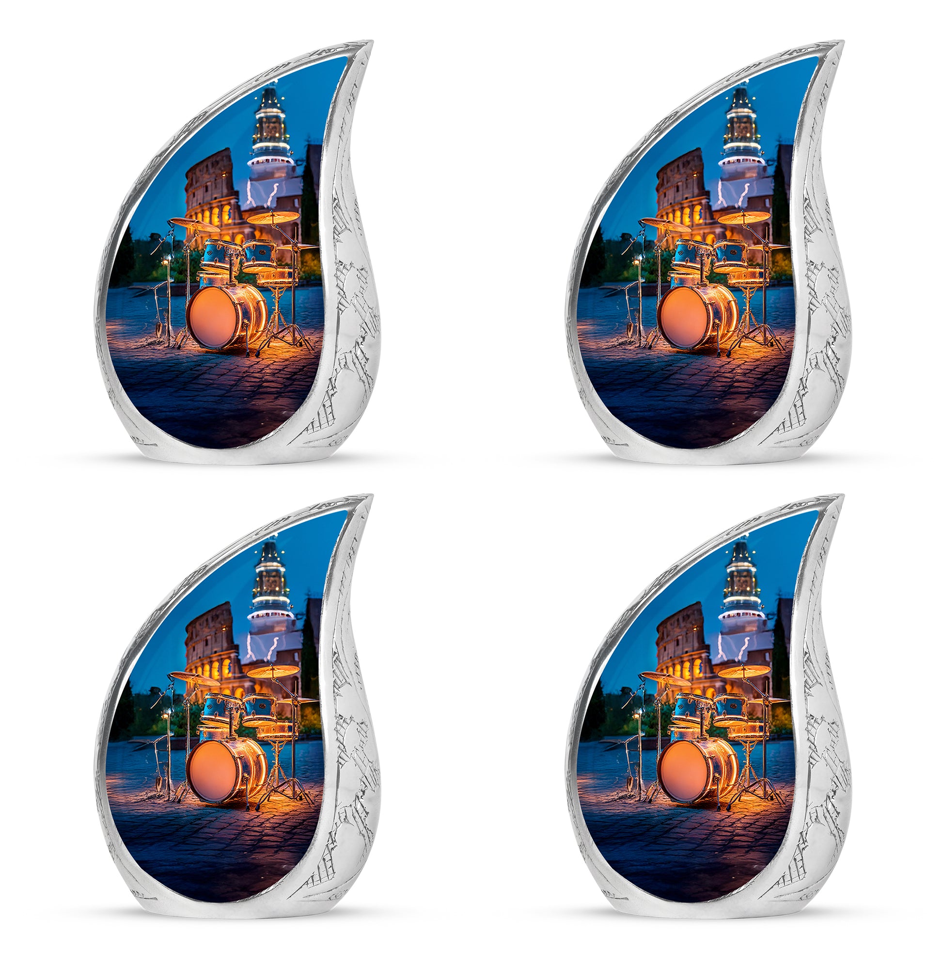 Misty Blue Drums Cremation Urn close-up of engraving and surface detail - flowing teardrop drums silhouette on curved aluminum - 10 inch aluminum urn for cremated remains
