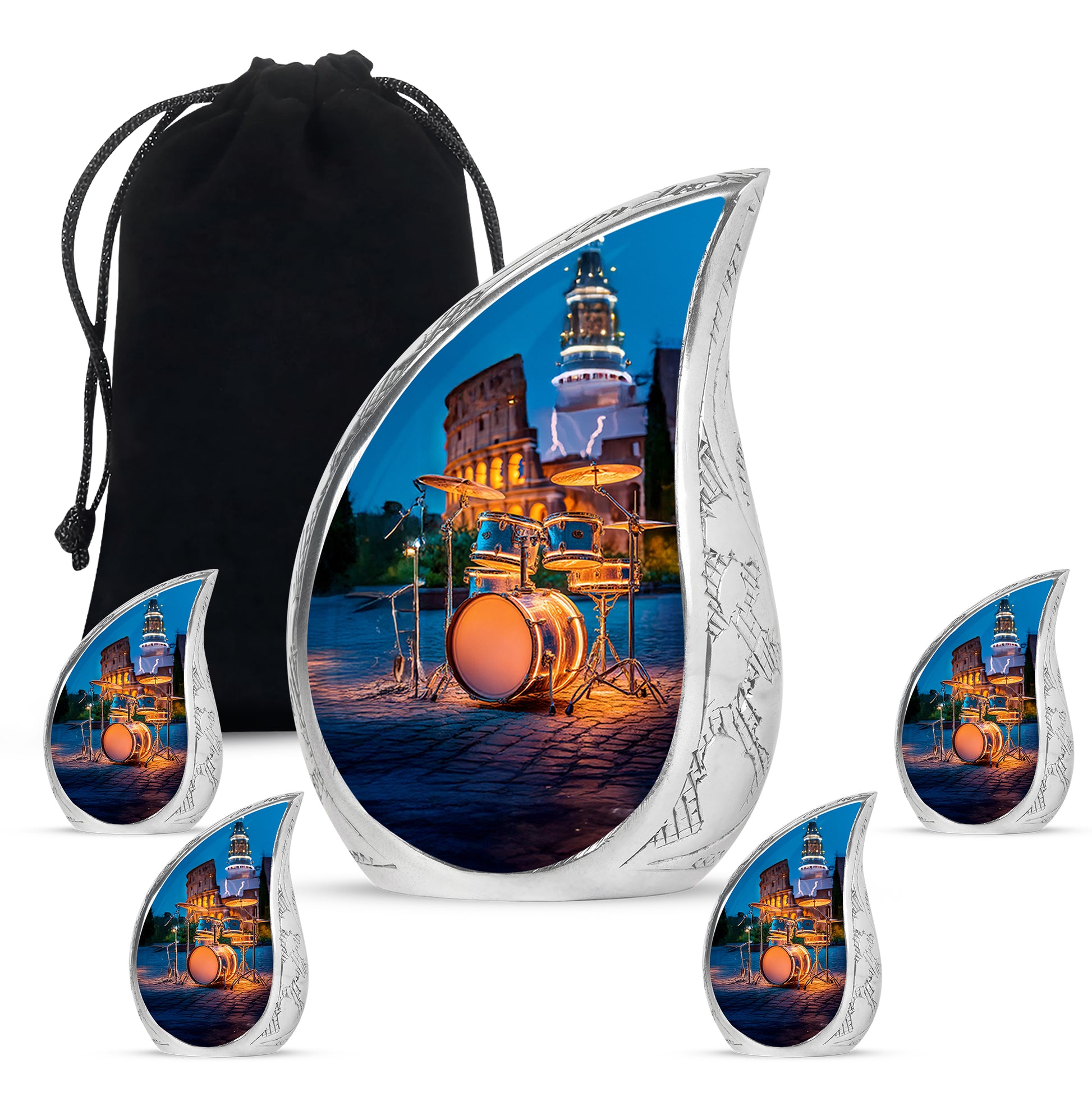 Cornflower Blue Drums Cremation Urn side profile showing urn shape - graceful tear-shaped urn with drums motif - memorial set with one large and four small urns
