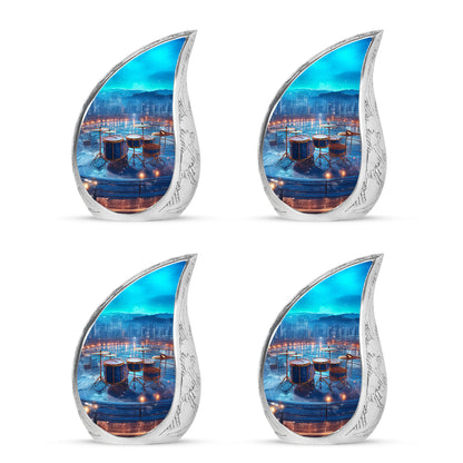 Serene Blue Drums Cremation Urn close-up of engraving and surface detail - smooth teardrop contour featuring drums art - 10 inch aluminum urn for cremated remains