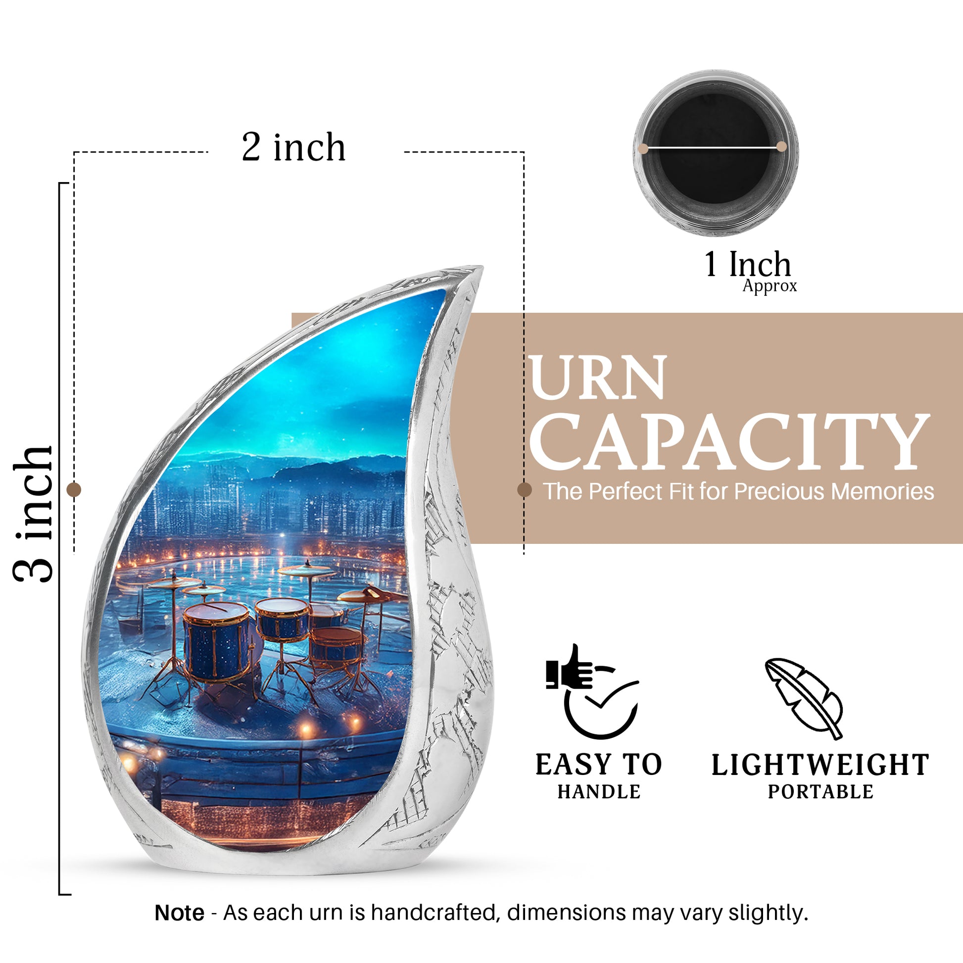 Twilight Blue Drums Cremation Urn angled view of lid and engraved motif - smooth teardrop contour featuring drums art - mini keepsake memorial for portion of cremation ashes
