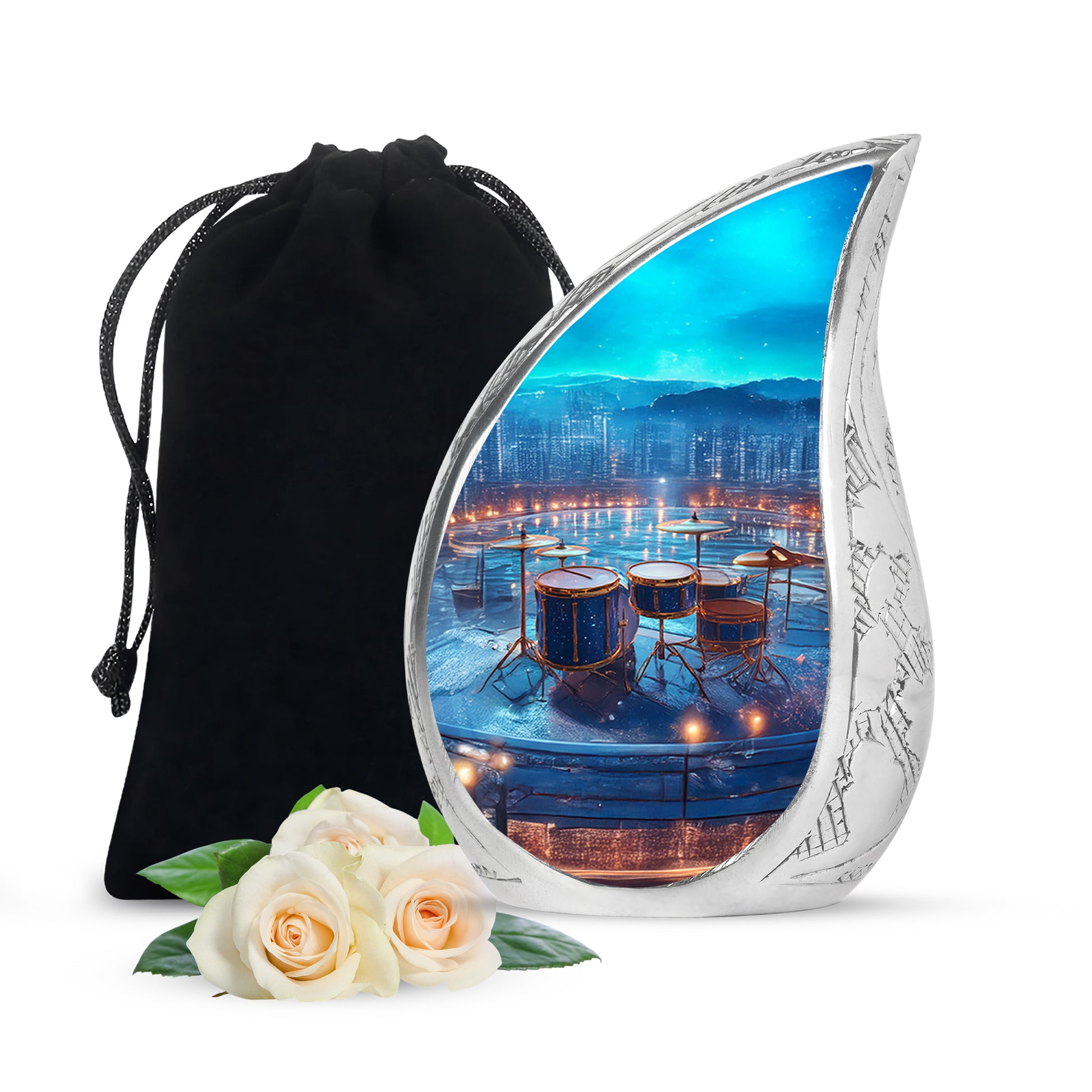 Pastel Blue Drums Cremation Urn front view showing detailed design - flowing teardrop drums silhouette on curved aluminum - full-size 10 inch 200 cubic inch adult cremation urn