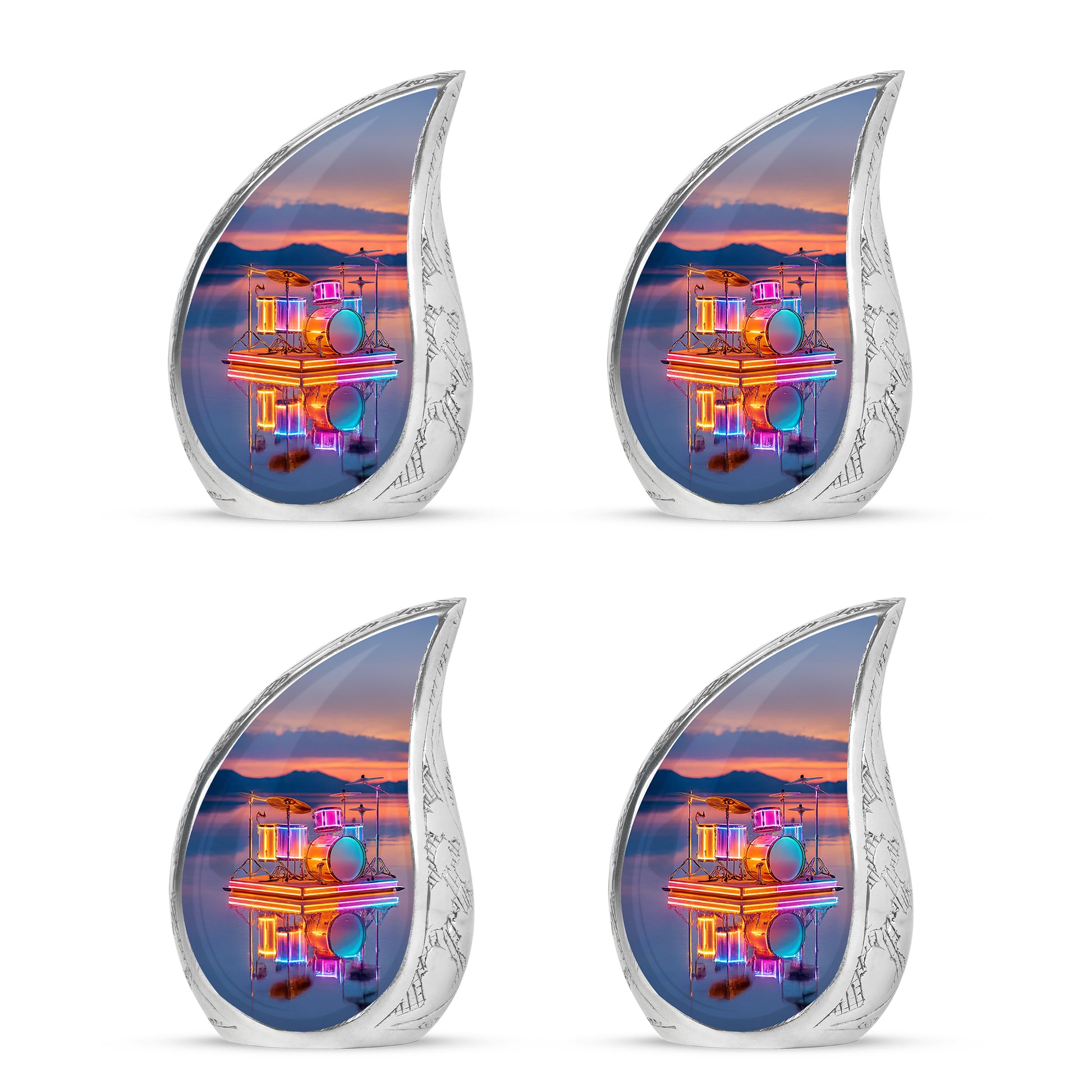 Dusty Pink Drums Cremation Urn close-up of engraving and surface detail - smooth teardrop contour featuring drums art - 10 inch aluminum urn for cremated remains