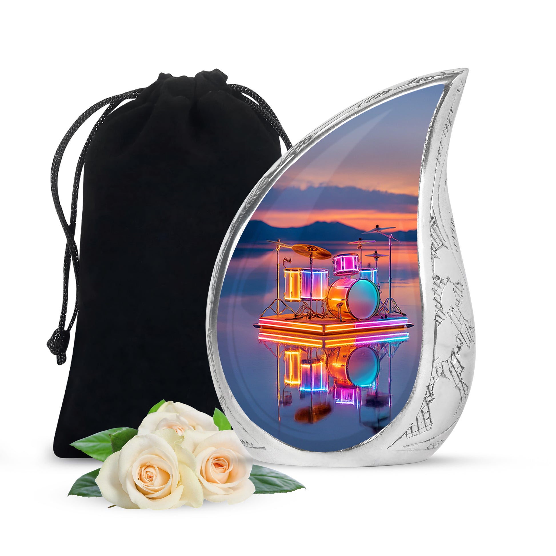 Soft Pink Drums Cremation Urn front view showing detailed design - smooth teardrop contour featuring drums art - full-size 10 inch 200 cubic inch adult cremation urn