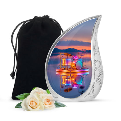 Soft Pink Drums Cremation Urn front view showing detailed design - smooth teardrop contour featuring drums art - full-size 10 inch 200 cubic inch adult cremation urn