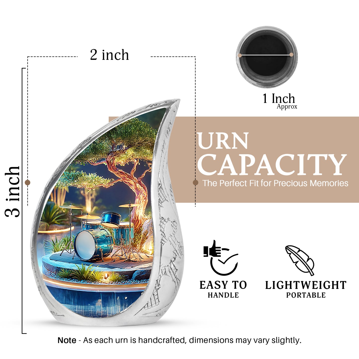 Burnished Gold Drums Cremation Urn angled view of lid and engraved motif - smooth teardrop contour featuring drums art - mini keepsake memorial for portion of cremation ashes