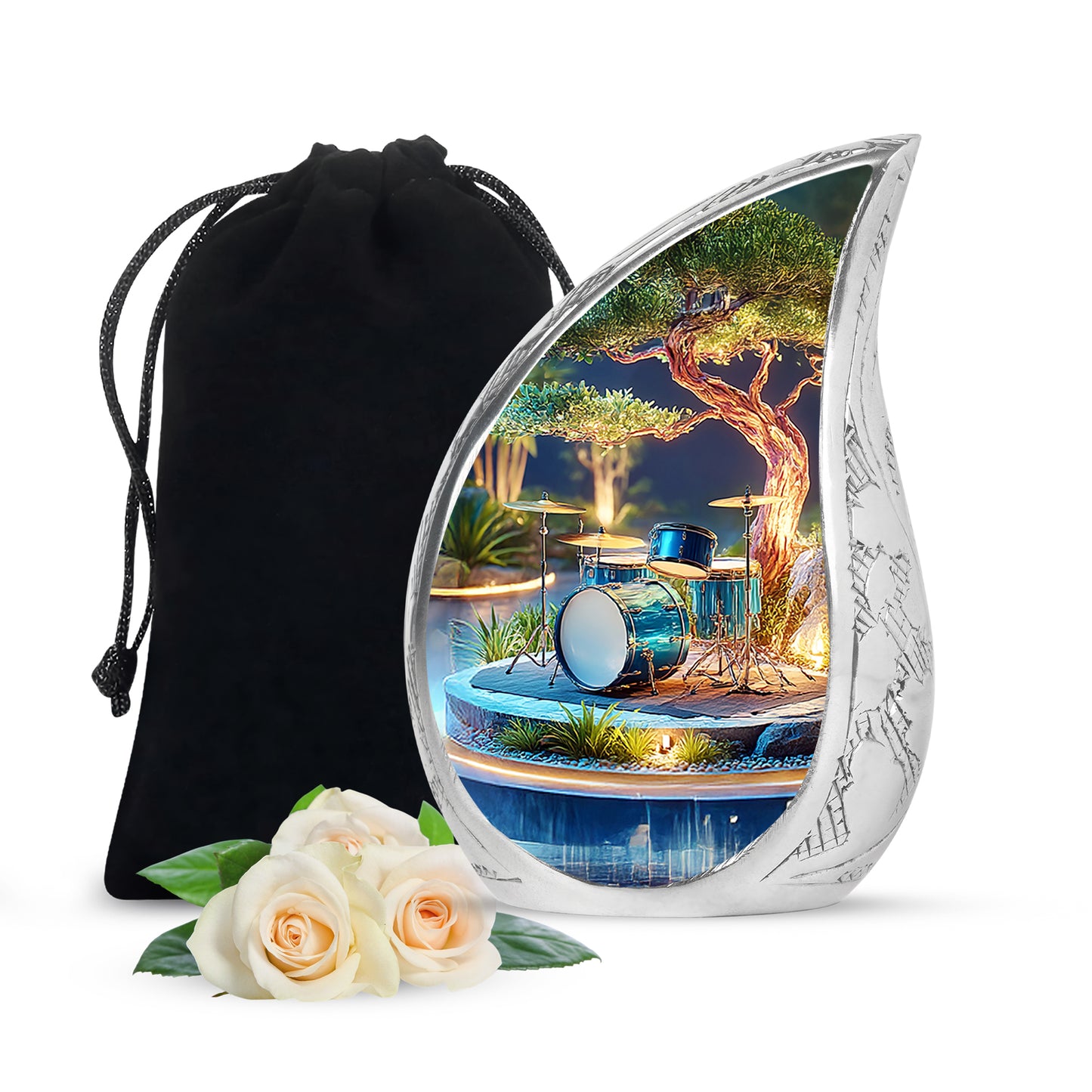 Warm Gold Drums Cremation Urn front view showing detailed design - smooth teardrop contour featuring drums art - full-size 10 inch 200 cubic inch adult cremation urn