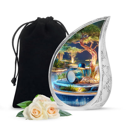 Warm Gold Drums Cremation Urn front view showing detailed design - smooth teardrop contour featuring drums art - full-size 10 inch 200 cubic inch adult cremation urn
