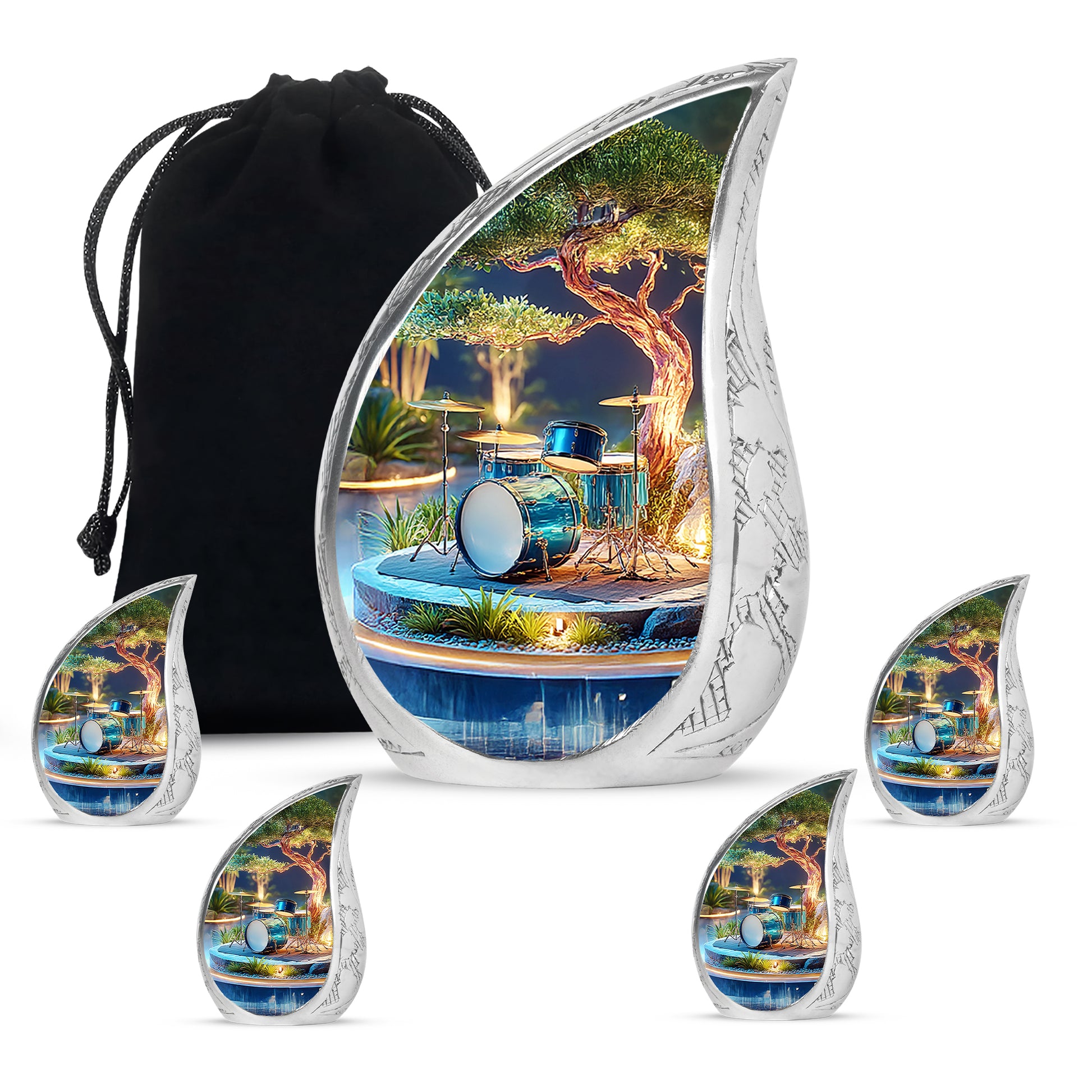 Sunrise Gold Drums Cremation Urn side profile showing urn shape - flowing teardrop drums silhouette on curved aluminum - memorial set with one large and four small urns