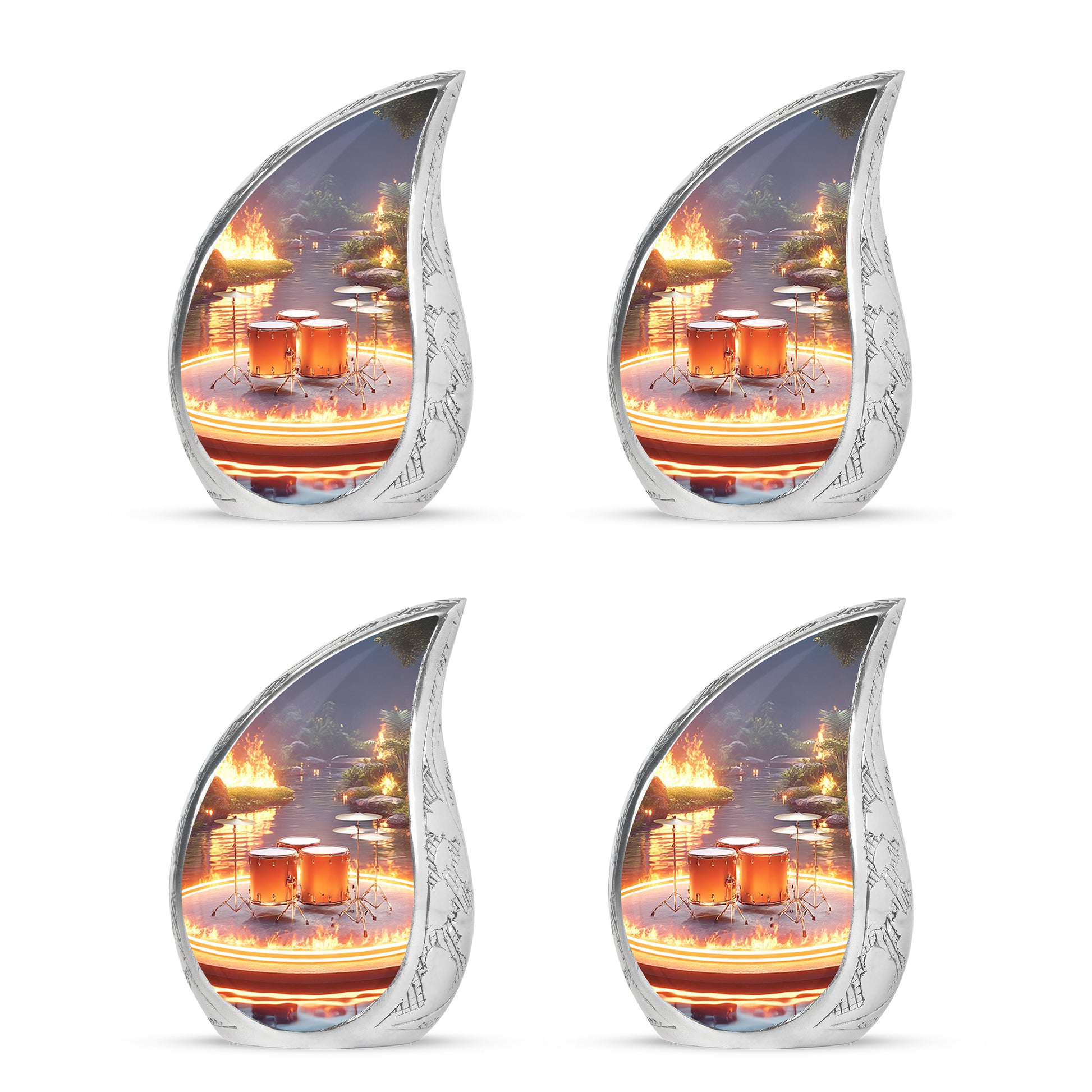 Storm Gray Drums Cremation Urn close-up of engraving and surface detail - smooth teardrop contour featuring drums art - 10 inch aluminum urn for cremated remains