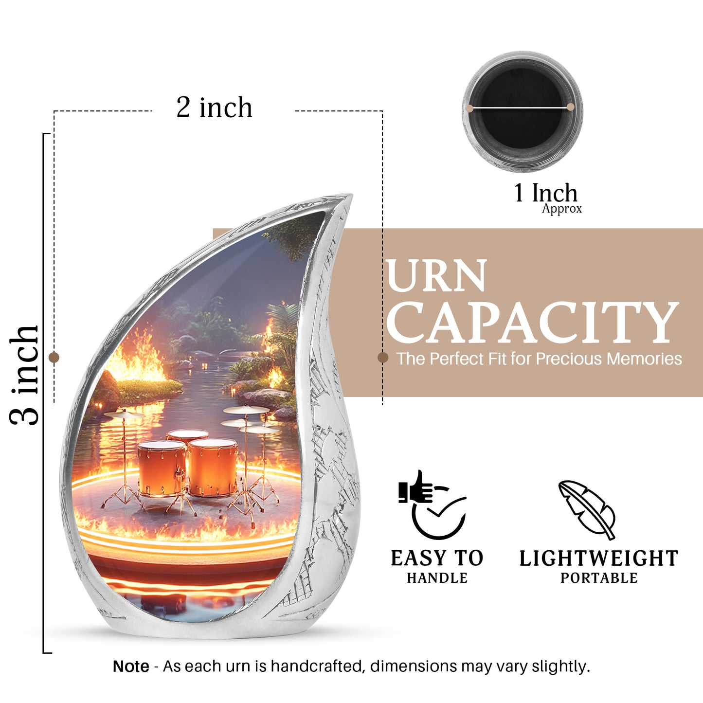 Silver Gray Drums Cremation Urn angled view of lid and engraved motif - rounded teardrop drums design with delicate detail - mini keepsake memorial for portion of cremation ashes