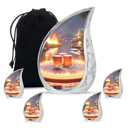 Mist Gray Drums Cremation Urn side profile showing urn shape - rounded teardrop drums design with delicate detail - memorial set with one large and four small urns