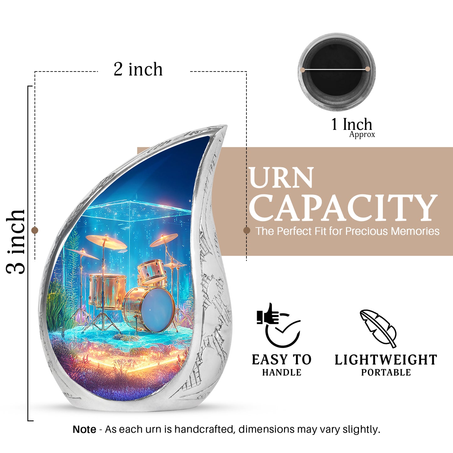 Slate Blue Drums Cremation Urn angled view of lid and engraved motif - flowing teardrop drums silhouette on curved aluminum - mini keepsake memorial for portion of cremation ashes