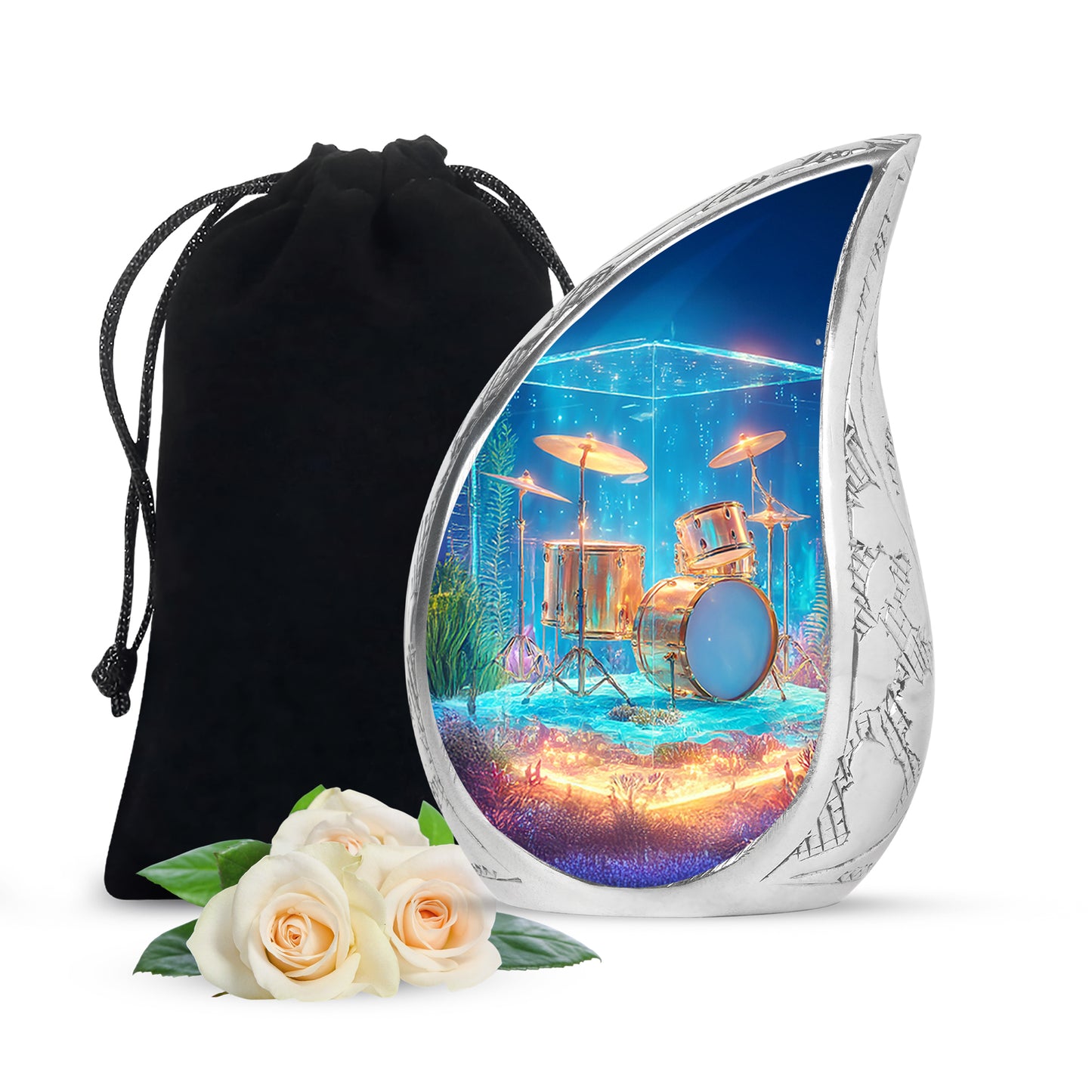 Cornflower Blue Drums Cremation Urn front view showing detailed design - smooth teardrop contour featuring drums art - full-size 10 inch 200 cubic inch adult cremation urn