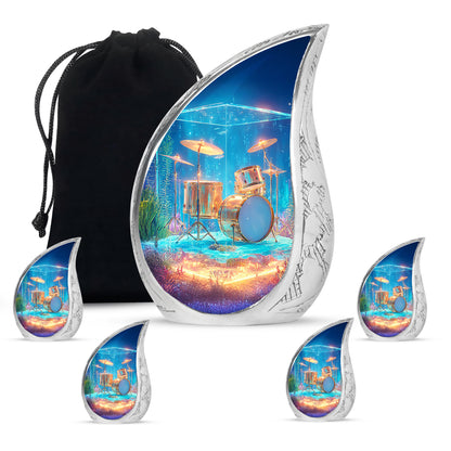 Bright Blue Drums Cremation Urn side profile showing urn shape - graceful tear-shaped urn with drums motif - memorial set with one large and four small urns