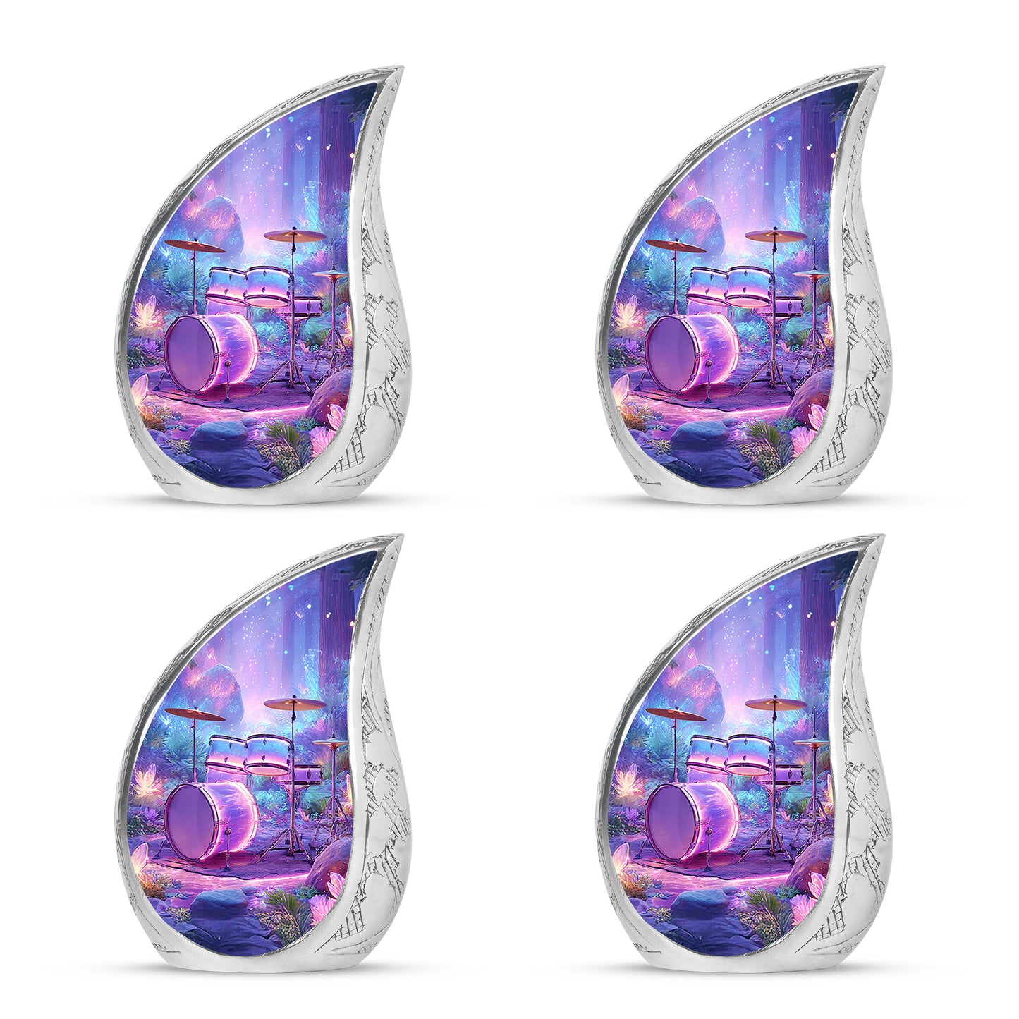 Powder Blue Drums Cremation Urn close-up of engraving and surface detail - rounded teardrop drums design with delicate detail - 10 inch aluminum urn for cremated remains