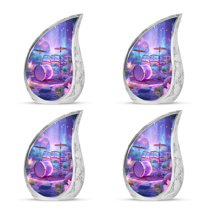 Powder Blue Drums Cremation Urn close-up of engraving and surface detail - rounded teardrop drums design with delicate detail - 10 inch aluminum urn for cremated remains