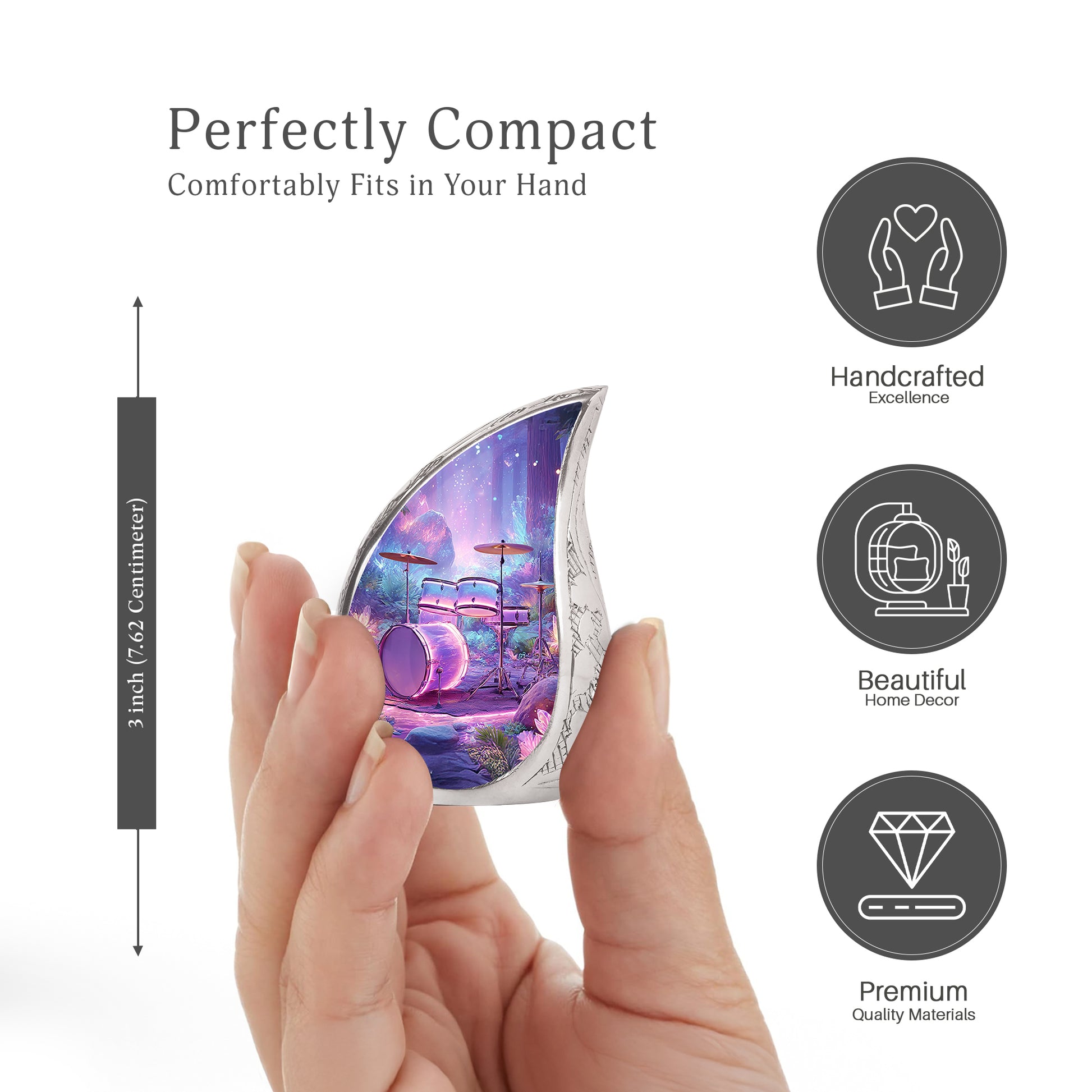 Bright Blue Drums Cremation Urn angled view of lid and engraved motif - smooth teardrop contour featuring drums art - mini keepsake memorial for portion of cremation ashes