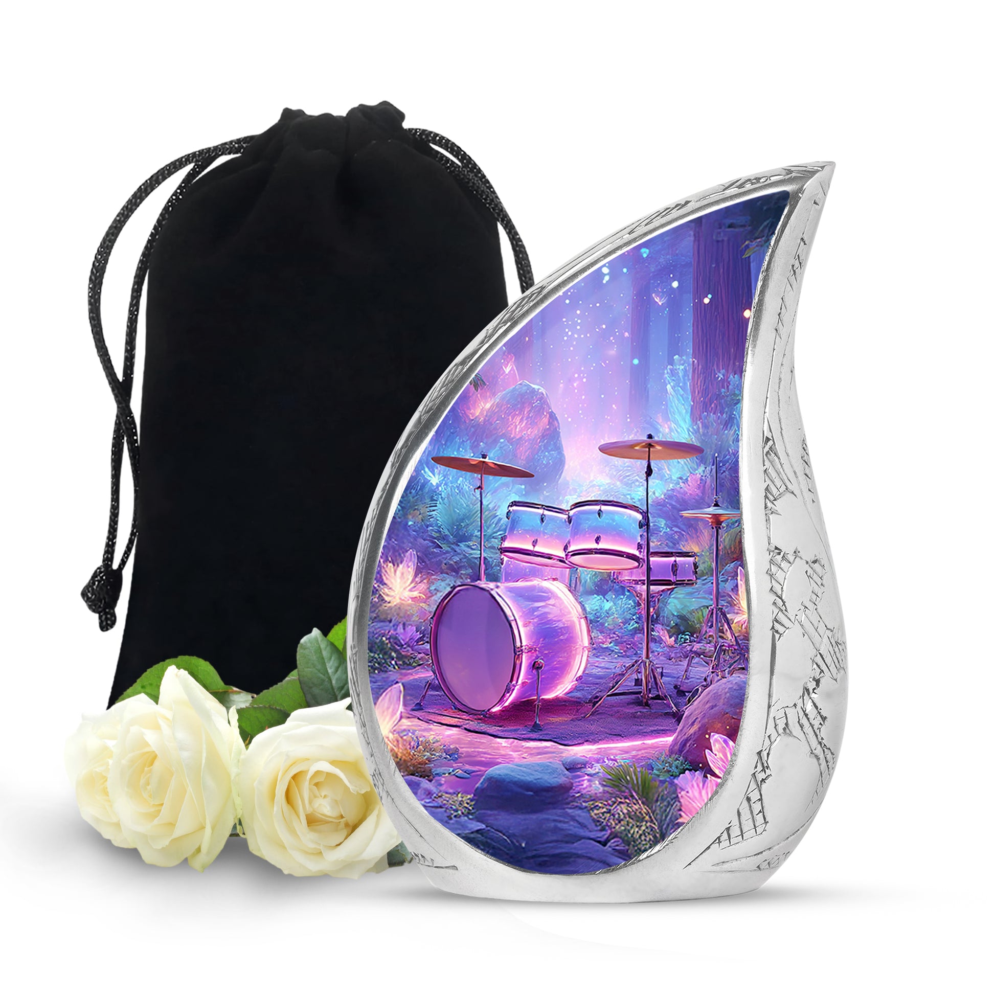 Pastel Blue Drums Cremation Urn front view showing detailed design - flowing teardrop drums silhouette on curved aluminum - full-size 10 inch 200 cubic inch adult cremation urn