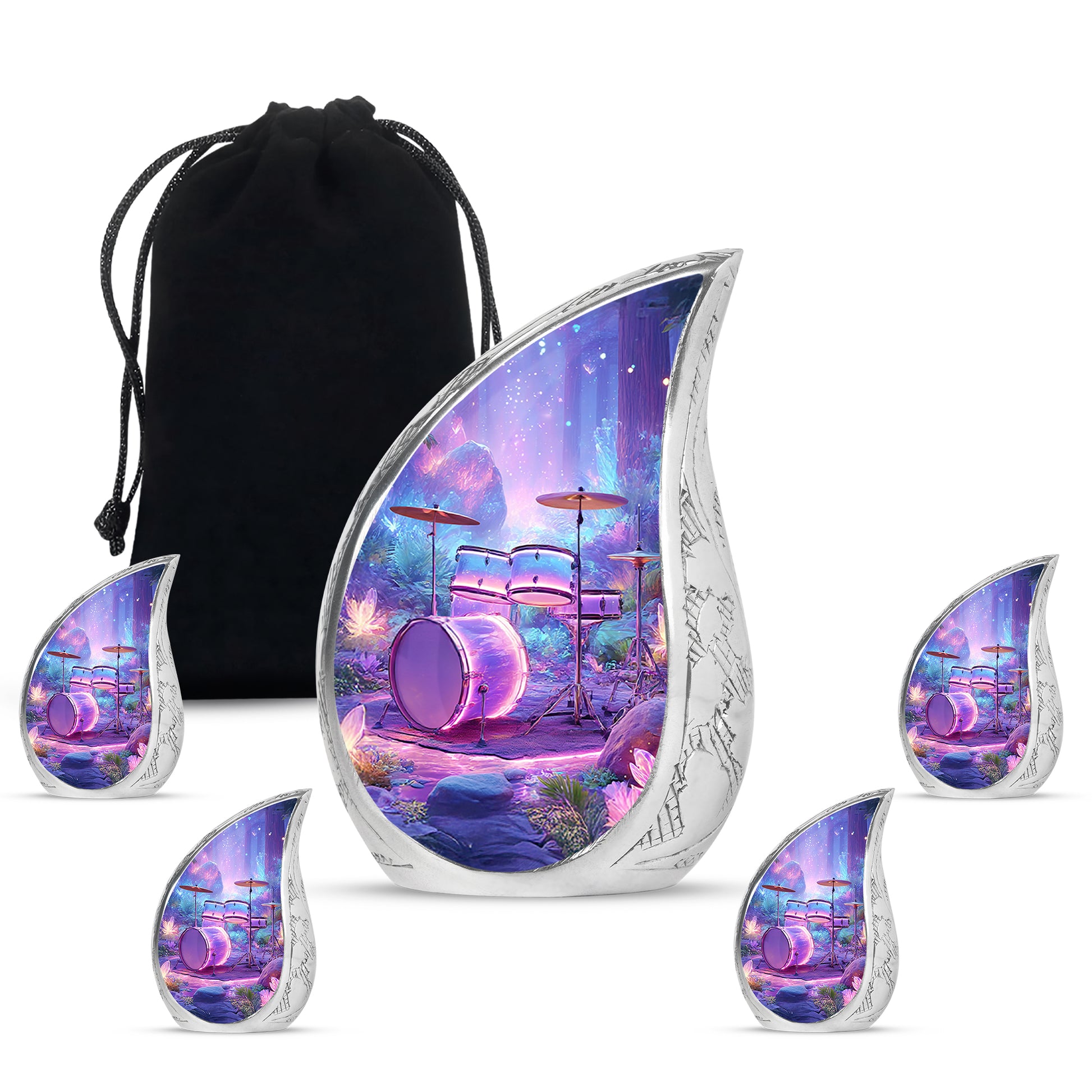 Celestial Blue Drums Cremation Urn side profile showing urn shape - flowing teardrop drums silhouette on curved aluminum - memorial set with one large and four small urns